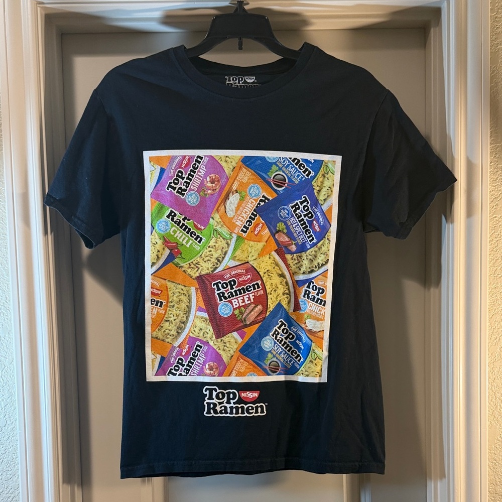 Top Ramen Black Short Sleeve Tee with Colorful Packet Graphic